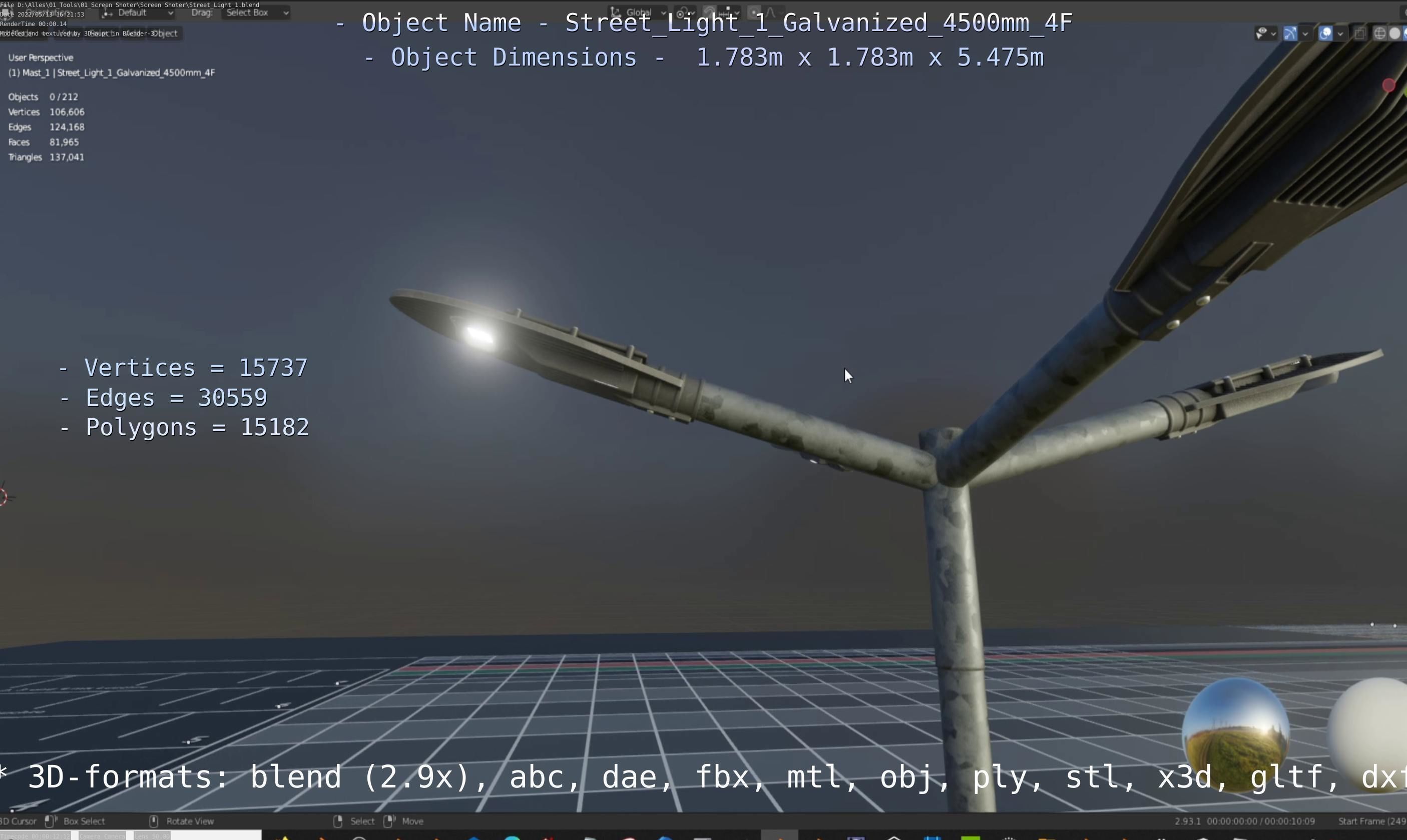 Street Light 1 Galvanized 4500mm 4F Low-poly 3D model_5