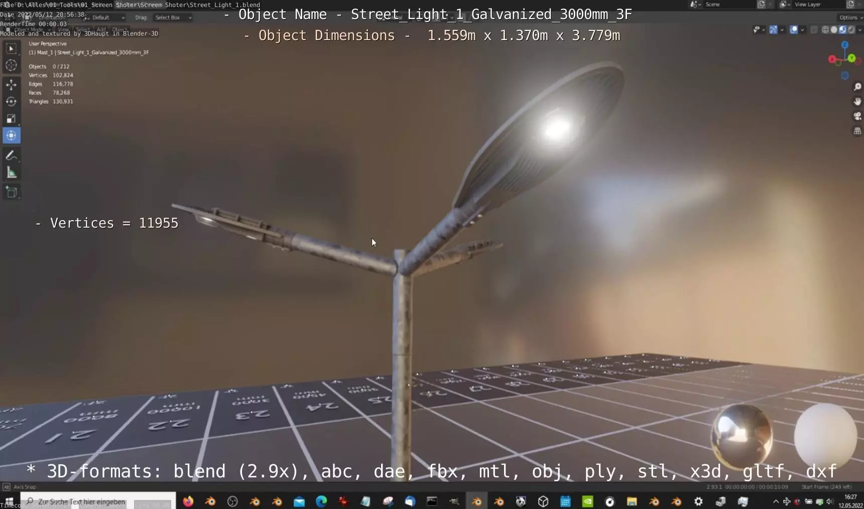 Street Light 1 Galvanized 3000mm 3F Low-poly 3D model_0