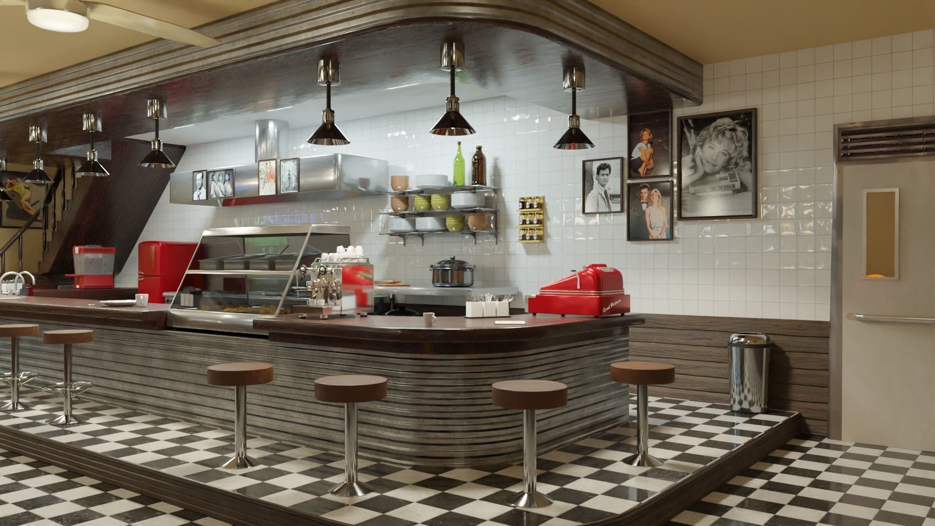 restaurant retro diner interior design 3D model_7