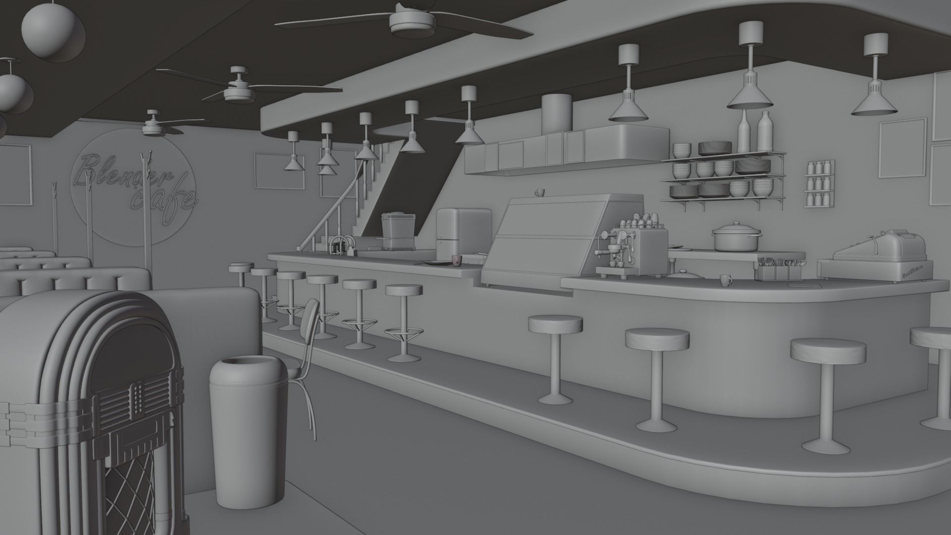 restaurant retro diner interior design 3D model_1