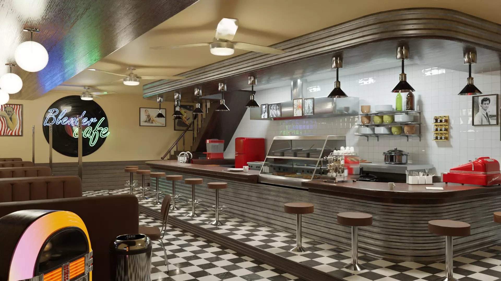 restaurant retro diner interior design 3D model_0