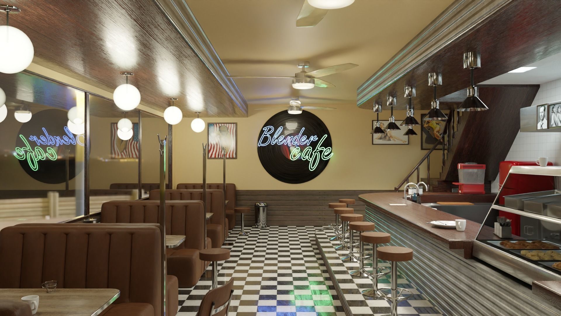 restaurant retro diner interior design 3D model_11