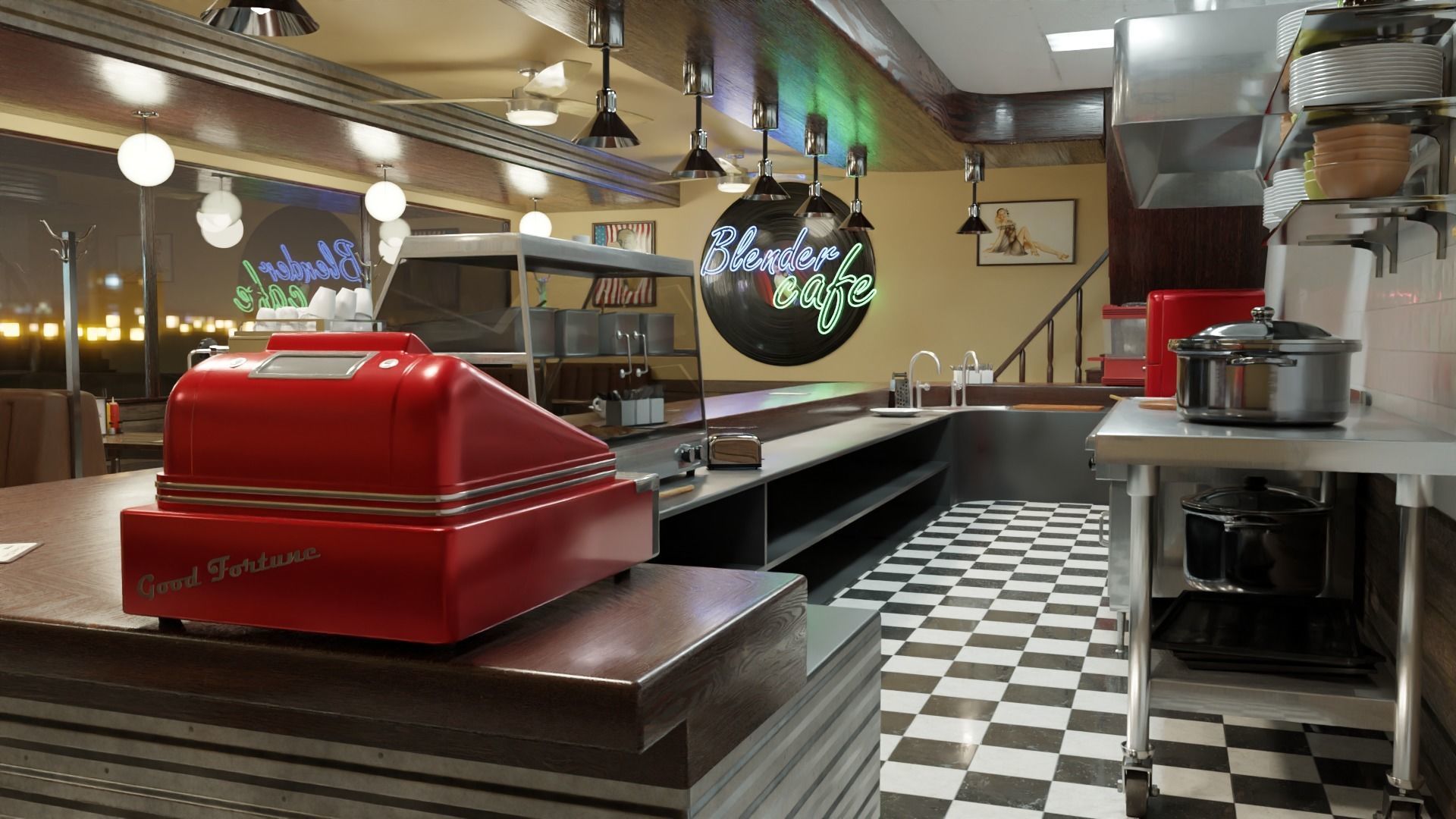 restaurant retro diner interior design 3D model_20