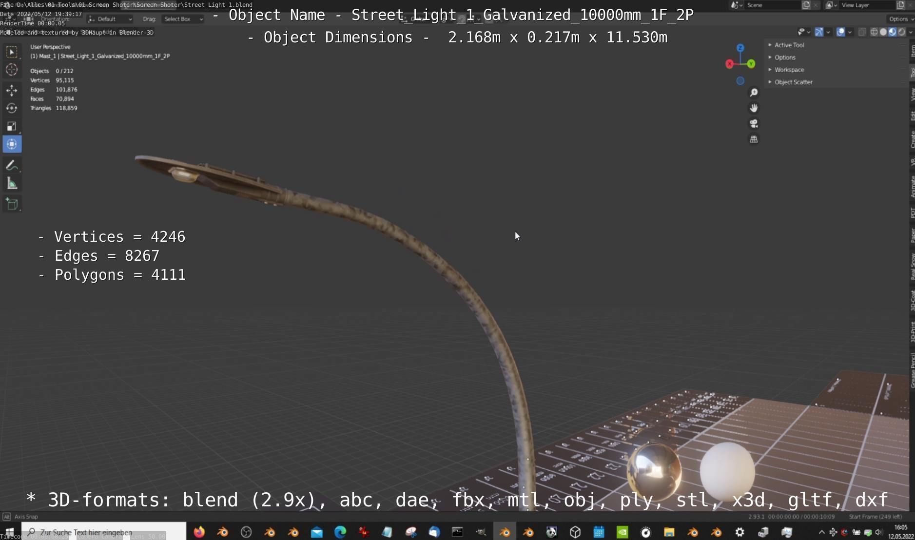 Street Light 1 Galvanized 10000mm 1F 2P Low-poly 3D model_9