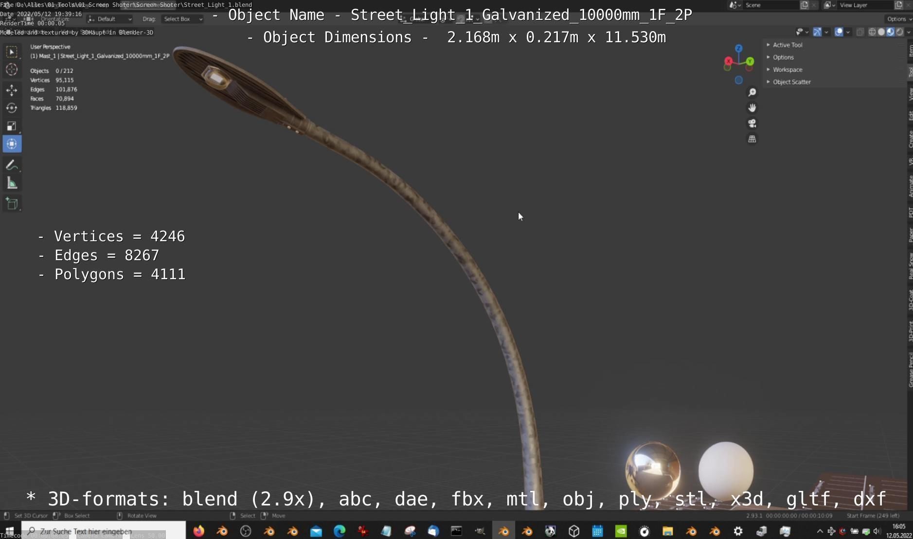 Street Light 1 Galvanized 10000mm 1F 2P Low-poly 3D model_8