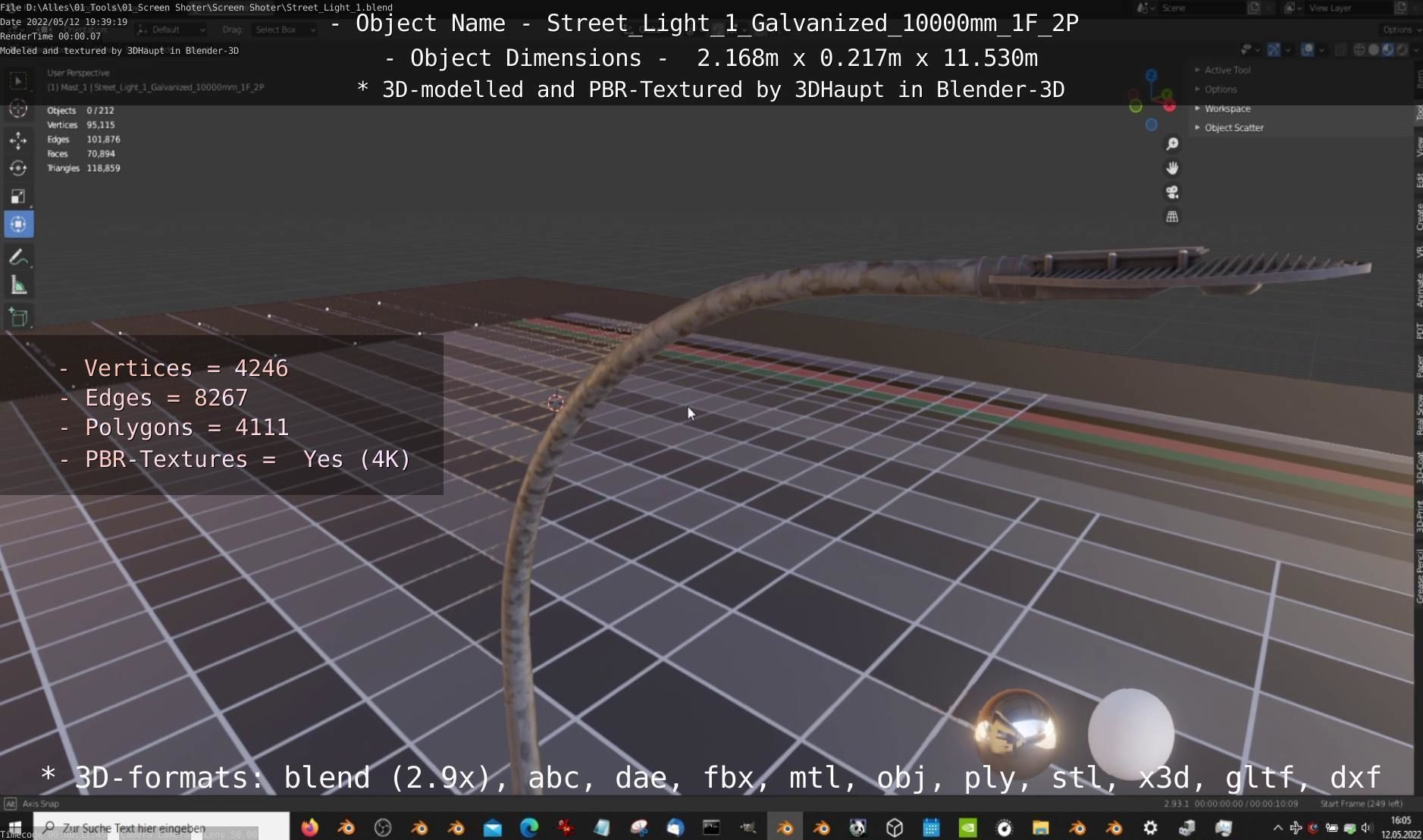 Street Light 1 Galvanized 10000mm 1F 2P Low-poly 3D model_14