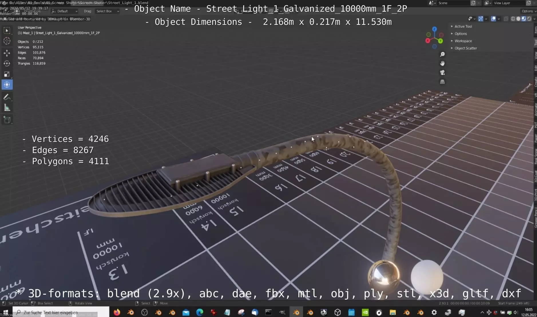 Street Light 1 Galvanized 10000mm 1F 2P Low-poly 3D model_0