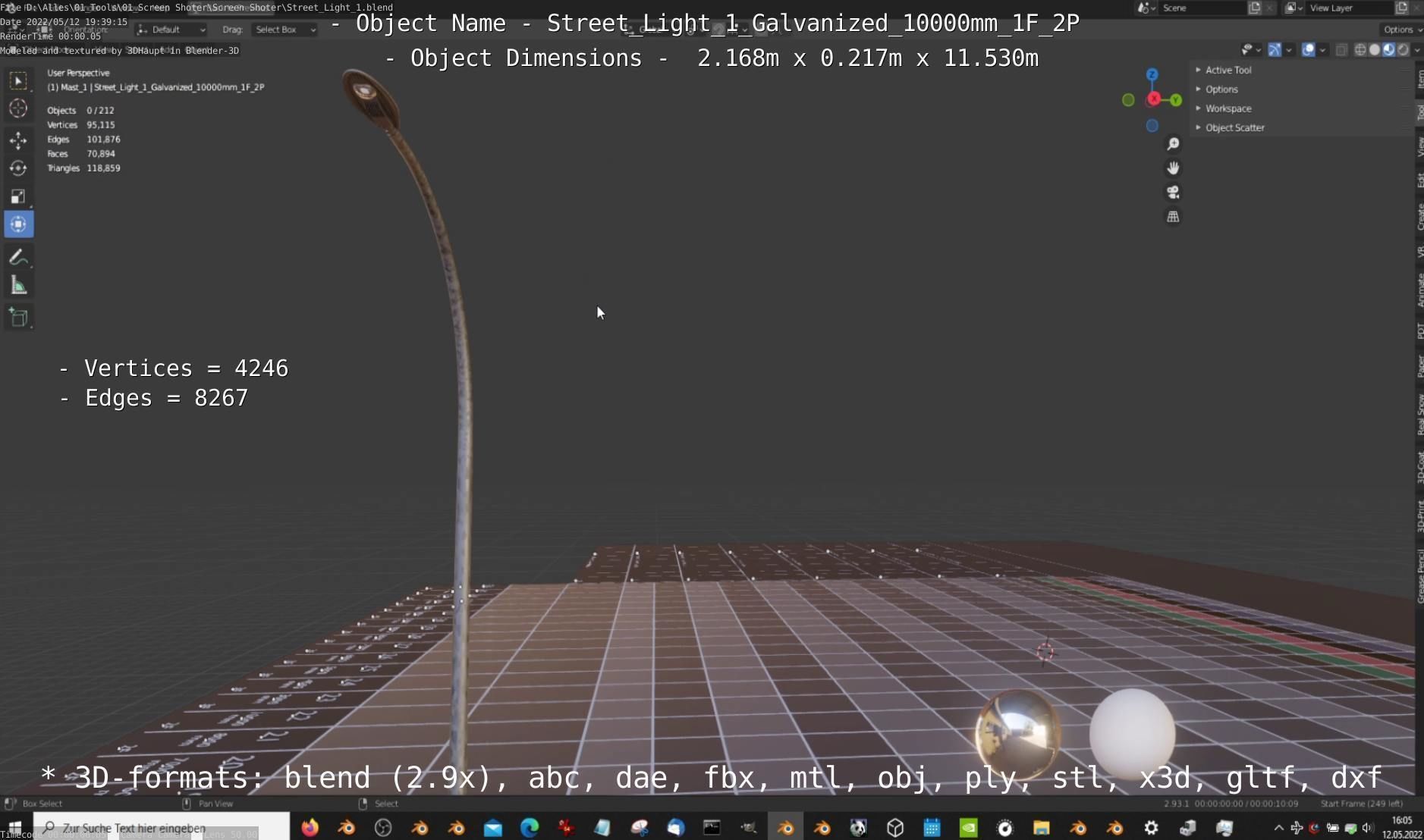 Street Light 1 Galvanized 10000mm 1F 2P Low-poly 3D model_6