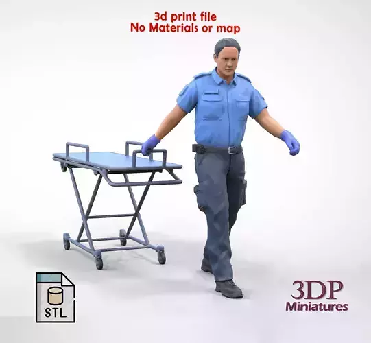 N1 Ambulance worker pulling wheeled stretcher or trolley 3D print model