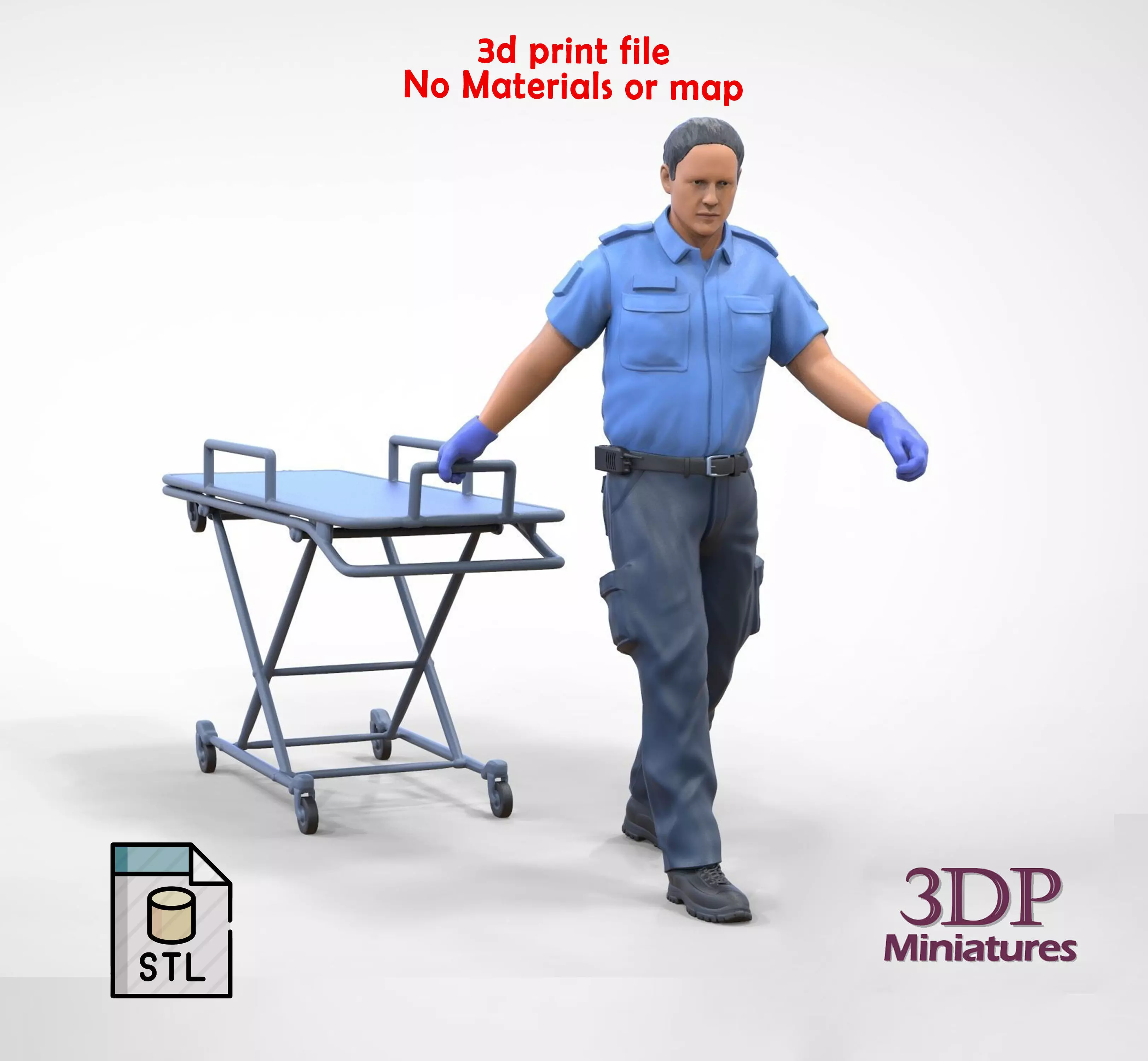 N1 Ambulance worker pulling wheeled stretcher or trolley 3D print model_0