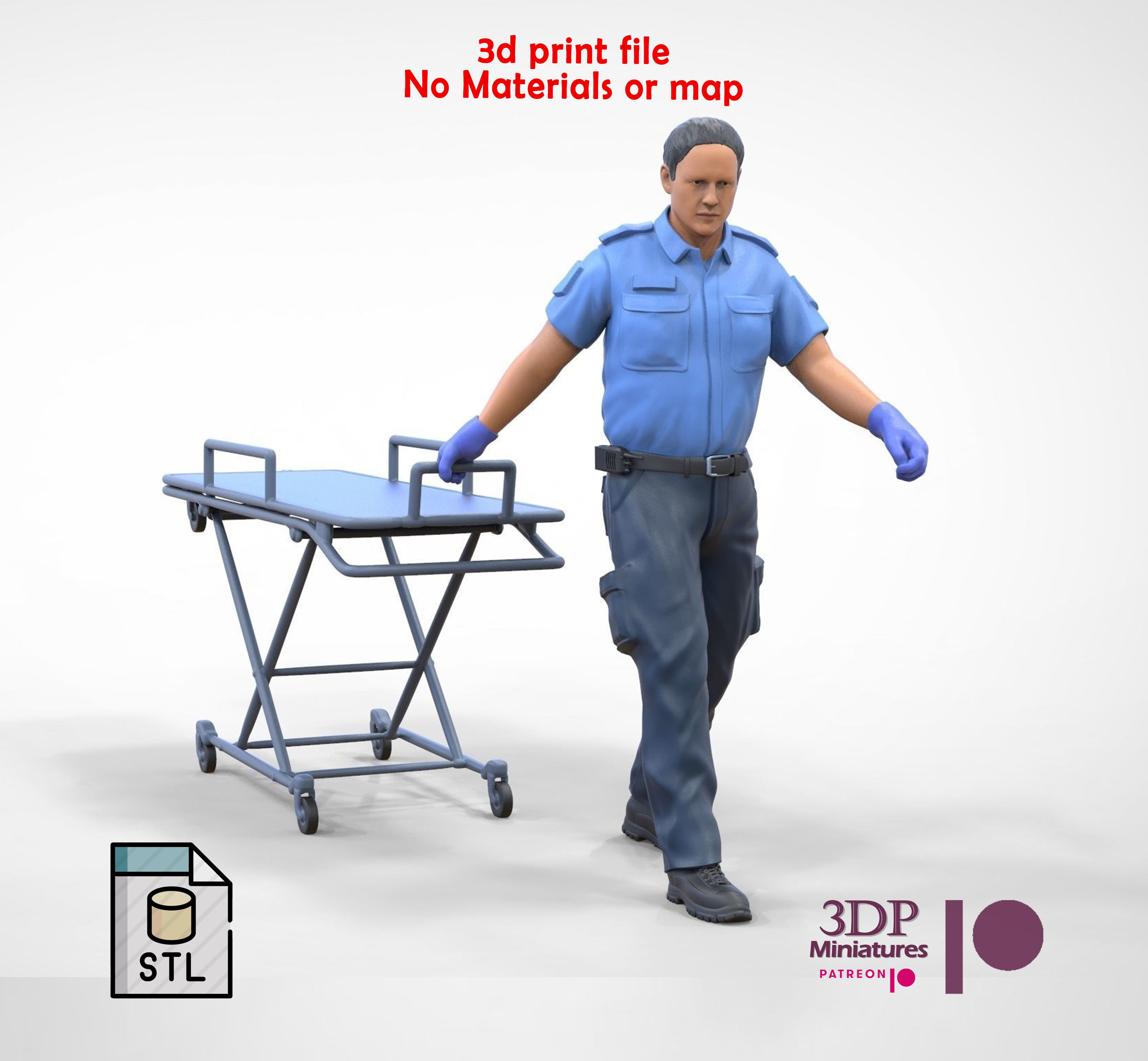 N1 Ambulance worker pulling wheeled stretcher or trolley 3D print model_1