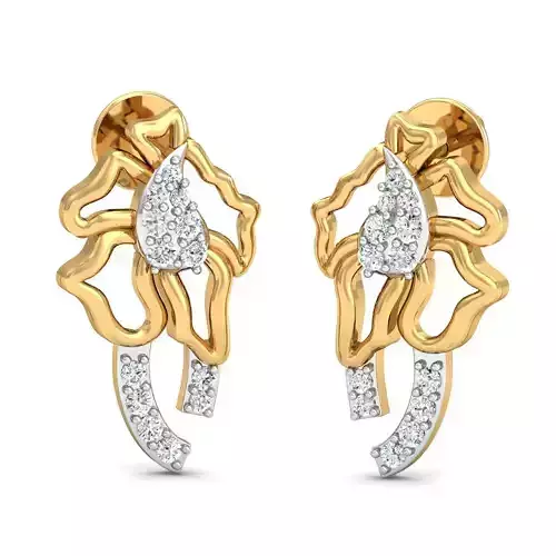 Earring 3dm STL FBX OBJ Render Details gold flower shaped pendant with diamonds