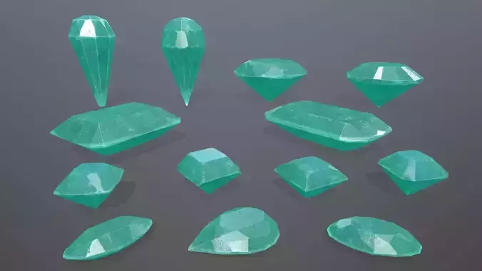 Gem Set emeralds in shapes and sizes Low-poly 3D model