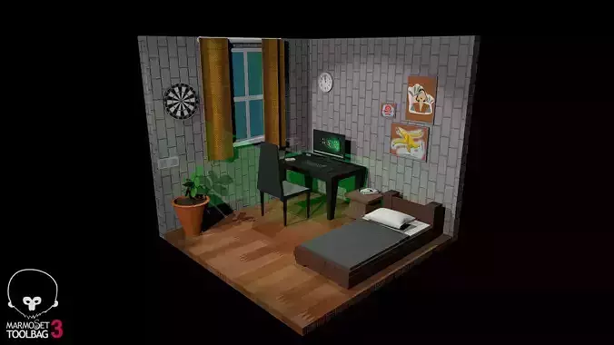 Low poly Room with bed and desk