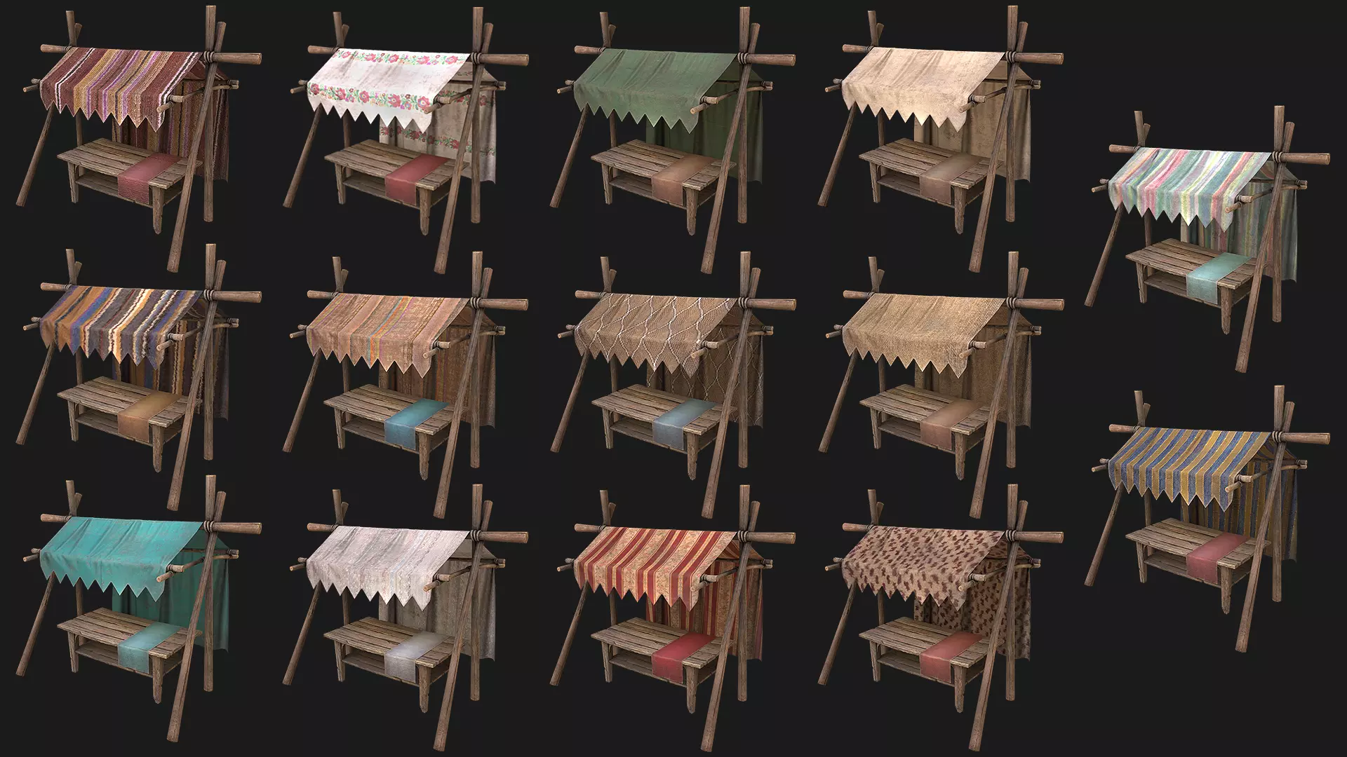 Medieval Market Stalls Tent Pack Traders set Low-poly 3D model