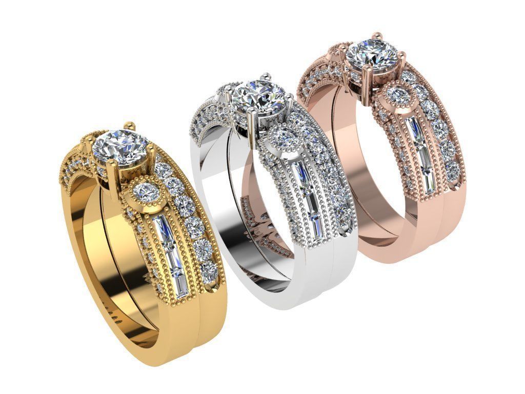 Ring141 gold wedding ring set with diamonds 3D print model_4