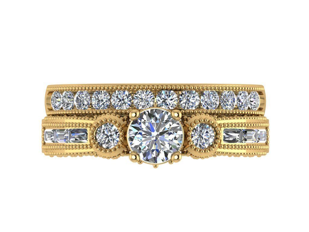 Ring141 gold wedding ring set with diamonds 3D print model_1