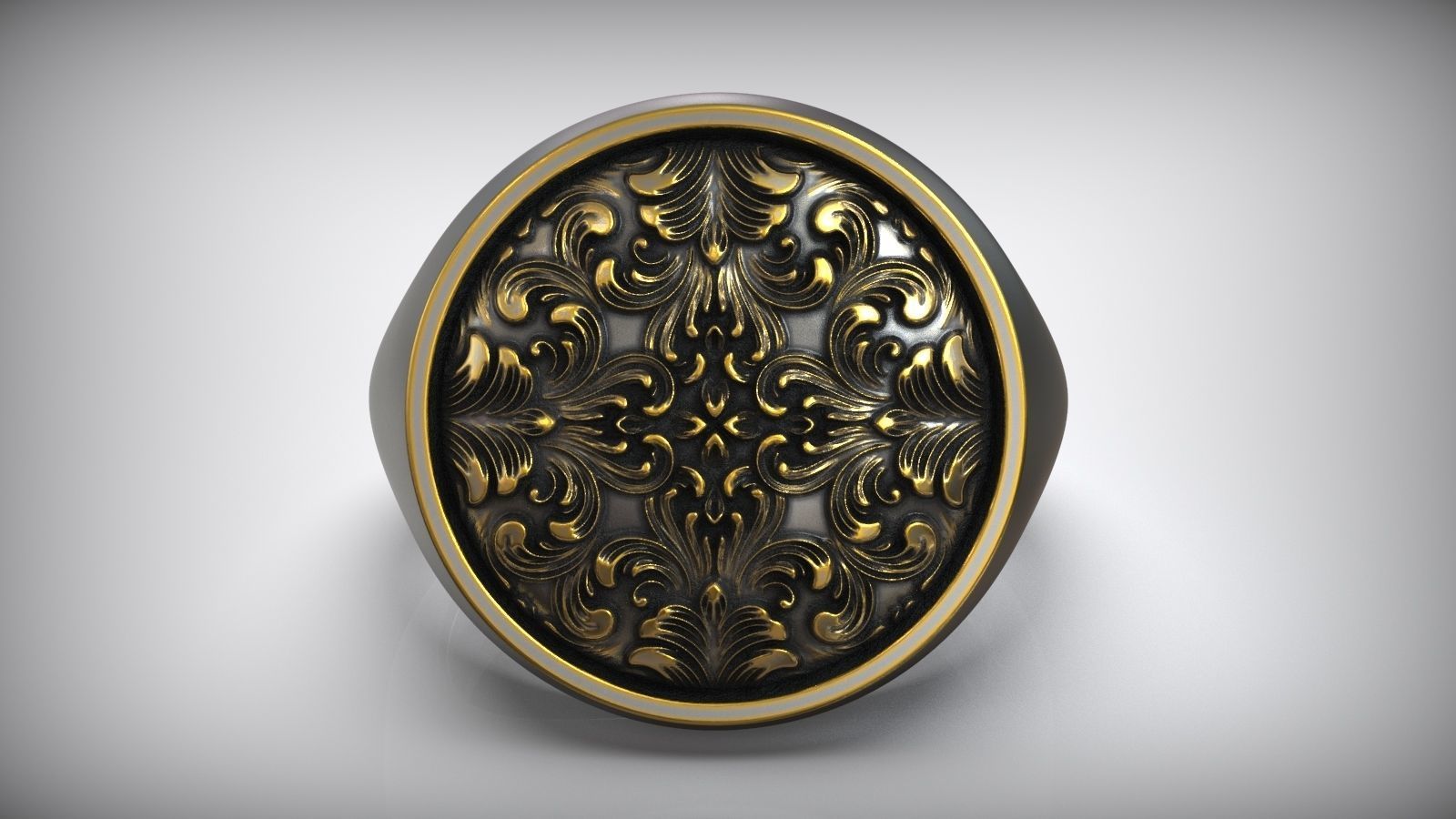 Rococo Floral Ornament Signet Circle Ring 3D print model_2