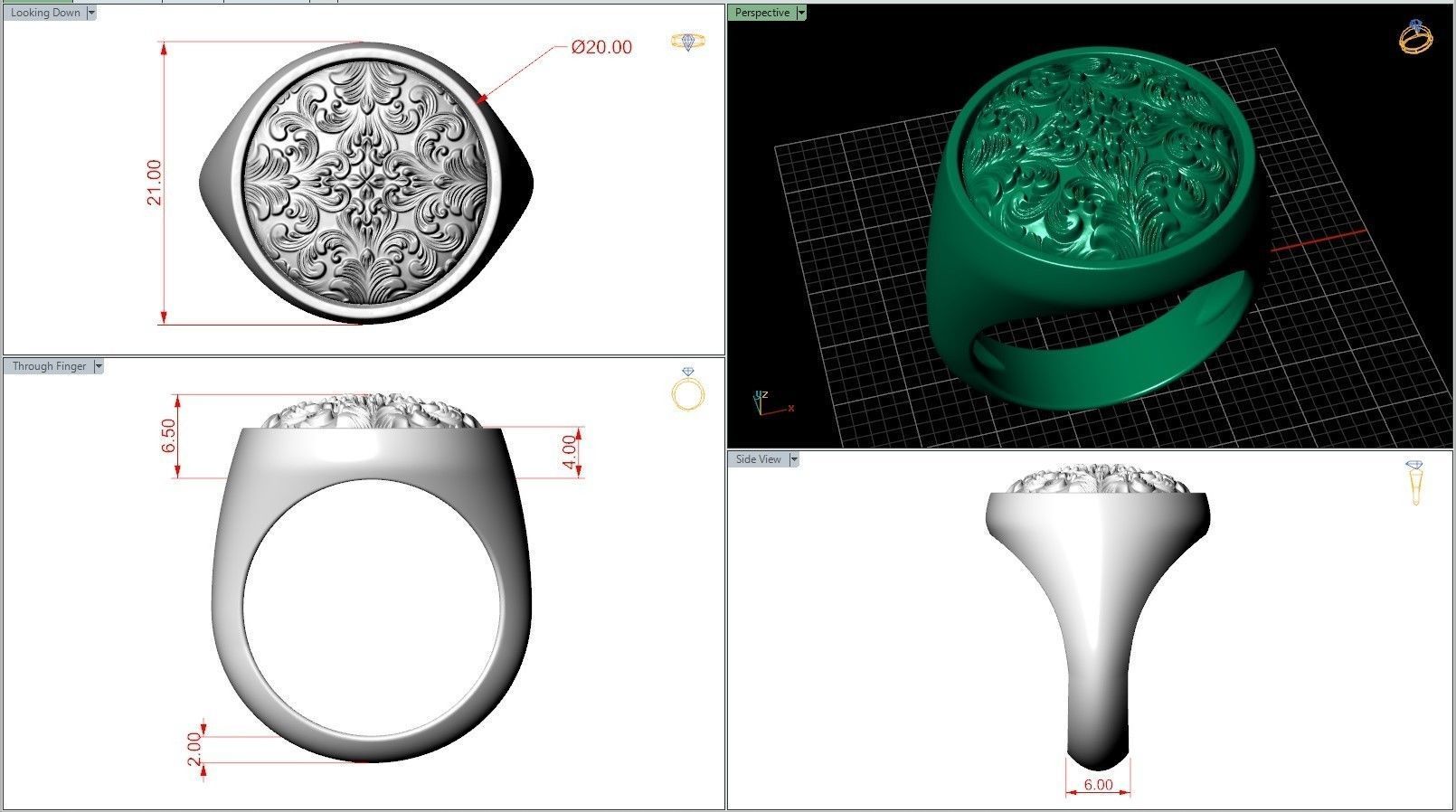 Rococo Floral Ornament Signet Circle Ring 3D print model_7