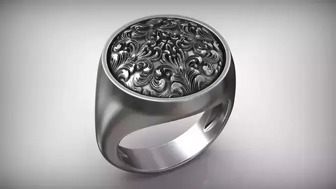 Rococo Floral Ornament Signet Circle Ring 3D print model