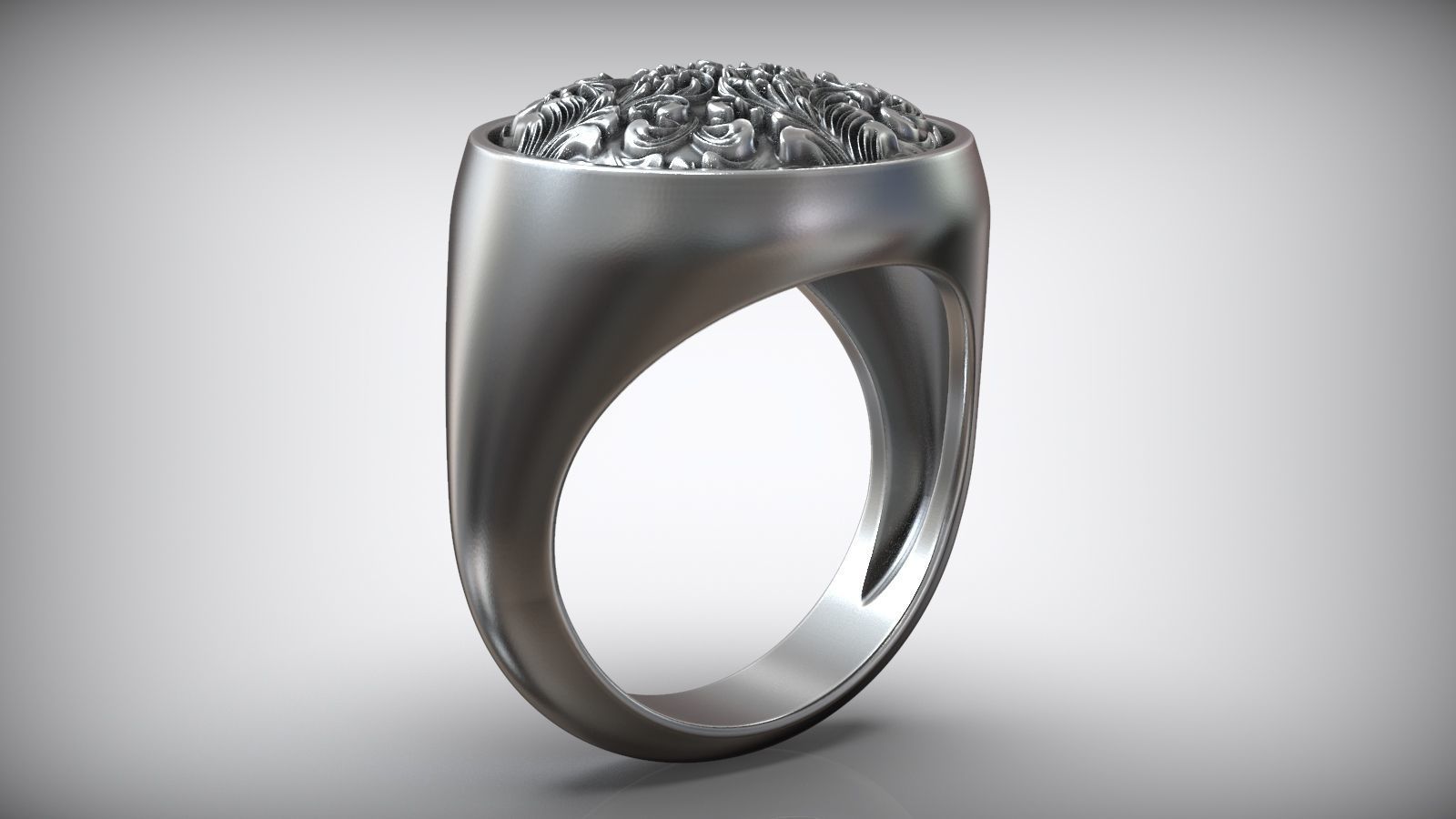 Rococo Floral Ornament Signet Circle Ring 3D print model_4