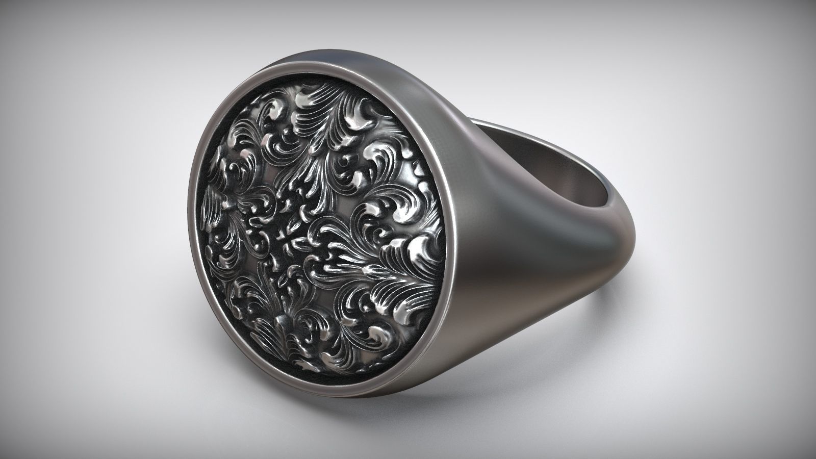 Rococo Floral Ornament Signet Circle Ring 3D print model_3