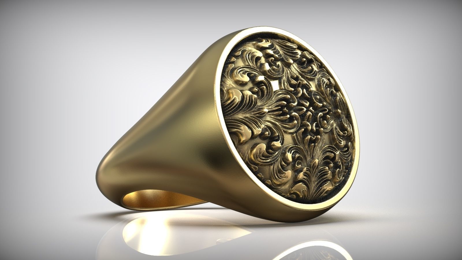 Rococo Floral Ornament Signet Circle Ring 3D print model_1