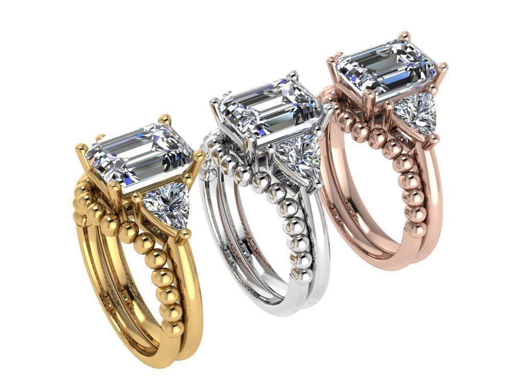 Ring143 emerald cut diamond engagement ring set gold 3D print model_4