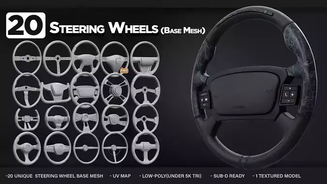 20 Steering Wheels - Base Mesh Low-poly 3D model