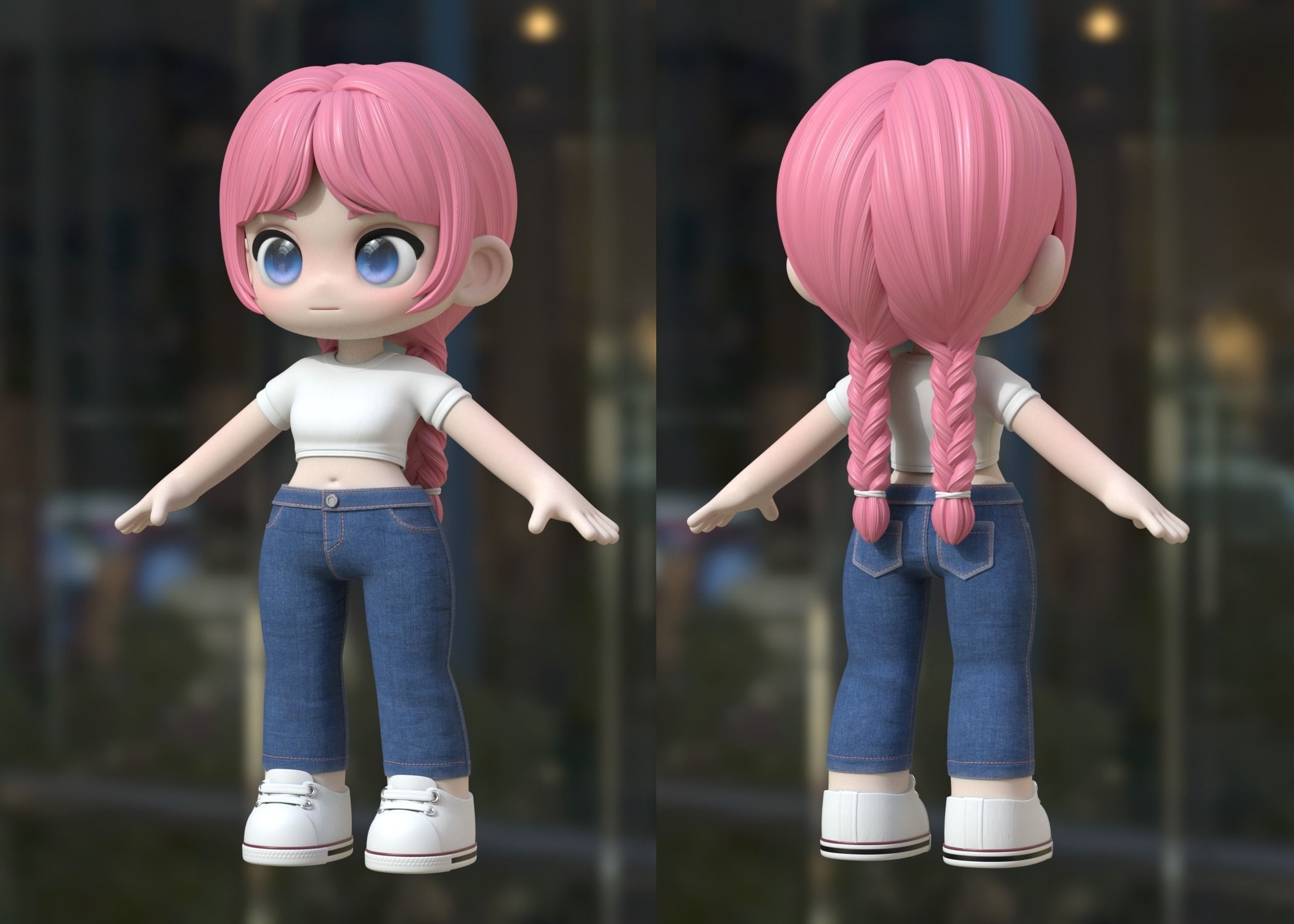 Chloe japanese anime figure - hair and jeans Low-poly 3D model_2