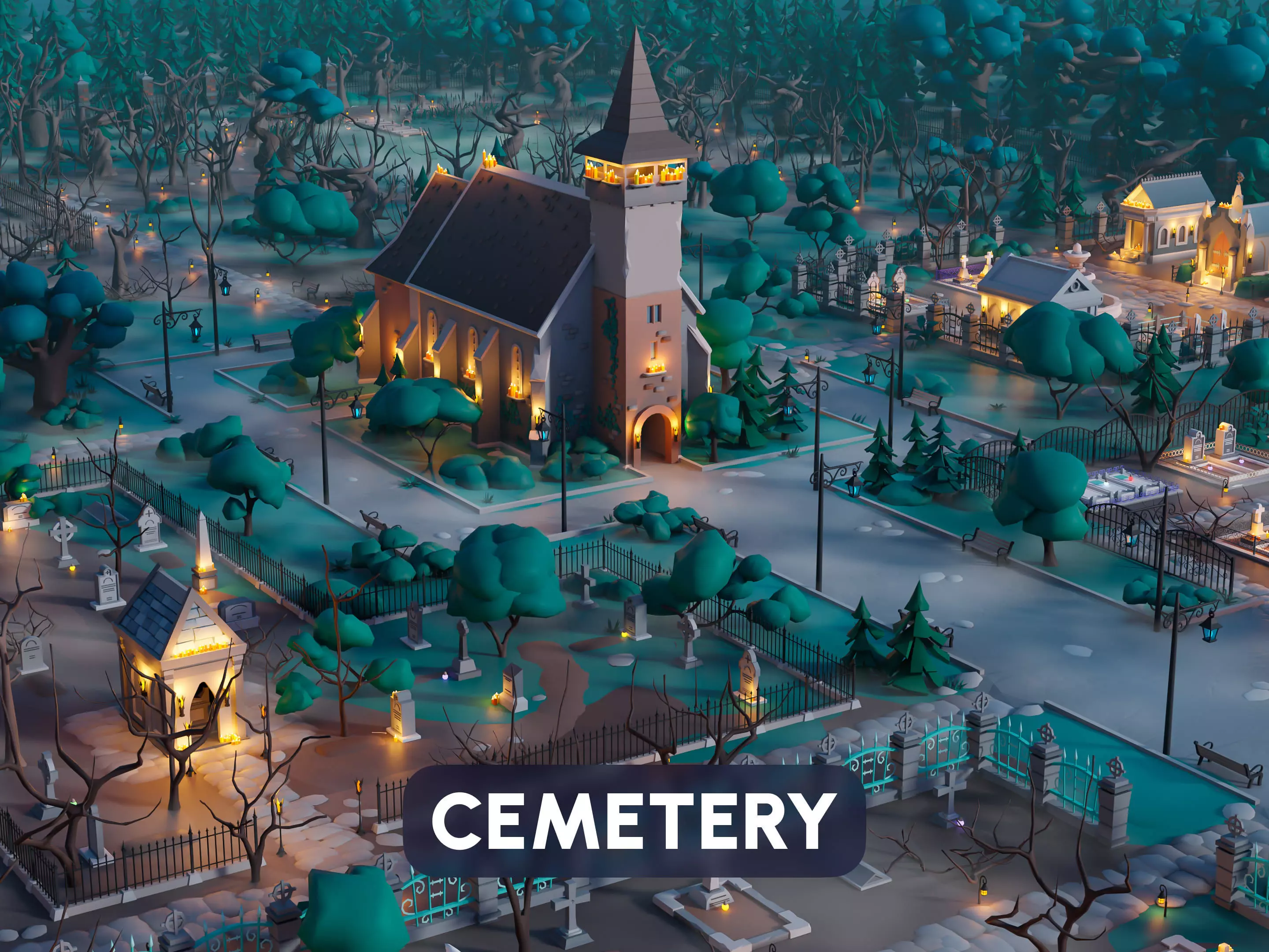 Cemetery Low-poly 3D model_0