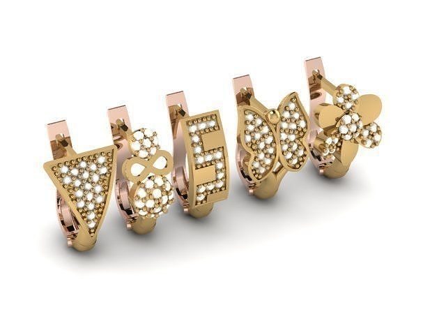 Earring4 letter ring set gold with diamonds 3D print model