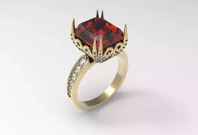 Ring with emerald gem and ornament