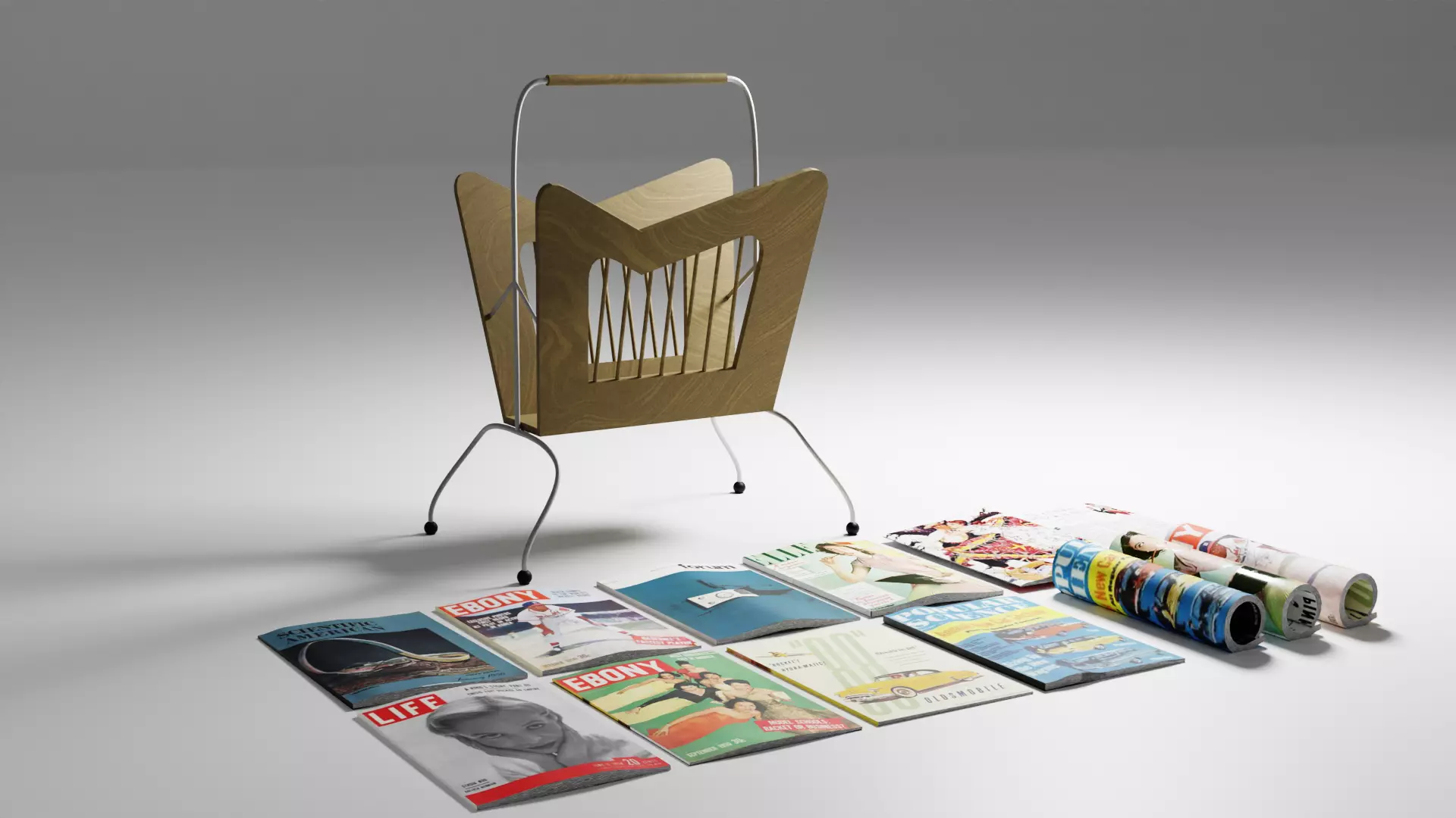 1950 Magazine Rack and vintage magazines Low-poly 3D model
