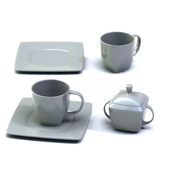Two Grey Coffee Mugs With Matching Plate And Sugar Bowl 3D model_0