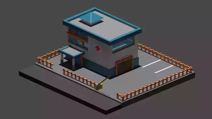 Low Poly Hospital building with fence