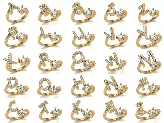 Letters Rings A to Z STL 3D Model Collection for Jewelry