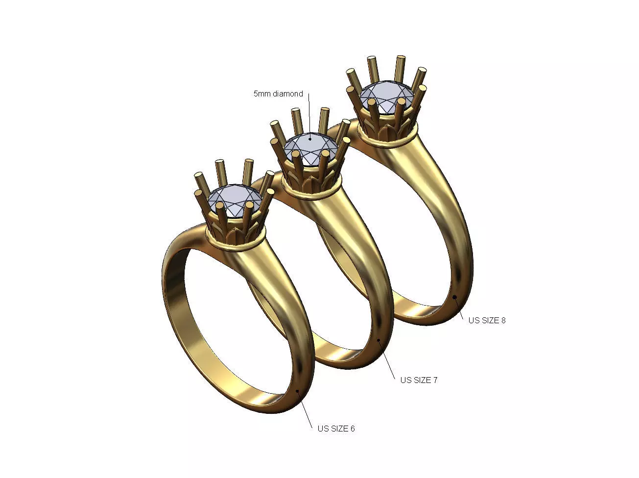 Diamond Lotus 5mm solitaire Us sizes 6 7 8 3D print model_0