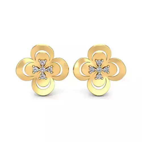 Earring 3dm STL OBJ FBX Render Details pair of gold flower stud earrings with diamonds