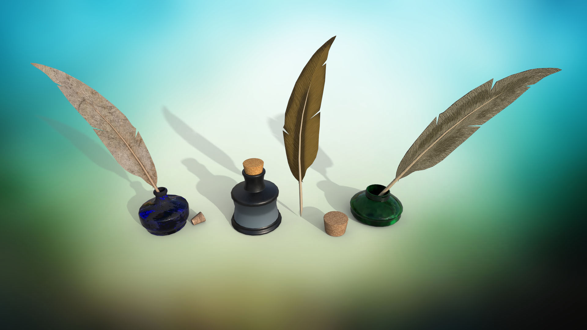 Set of ink bottles with nibs PBR low-poly game ready Low-poly 3D model_2
