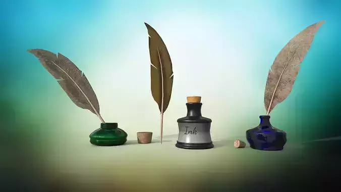 Set of ink bottles with nibs PBR low-poly game ready Low-poly 3D model