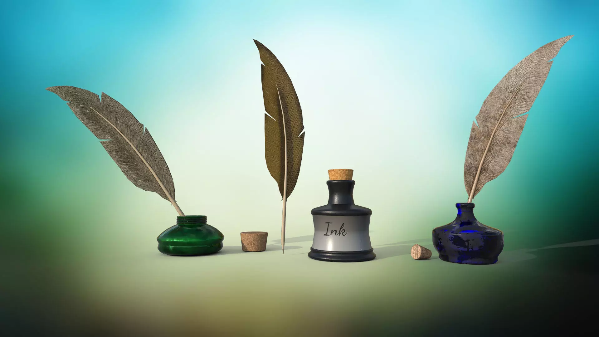 Set of ink bottles with nibs PBR low-poly game ready Low-poly 3D model_0