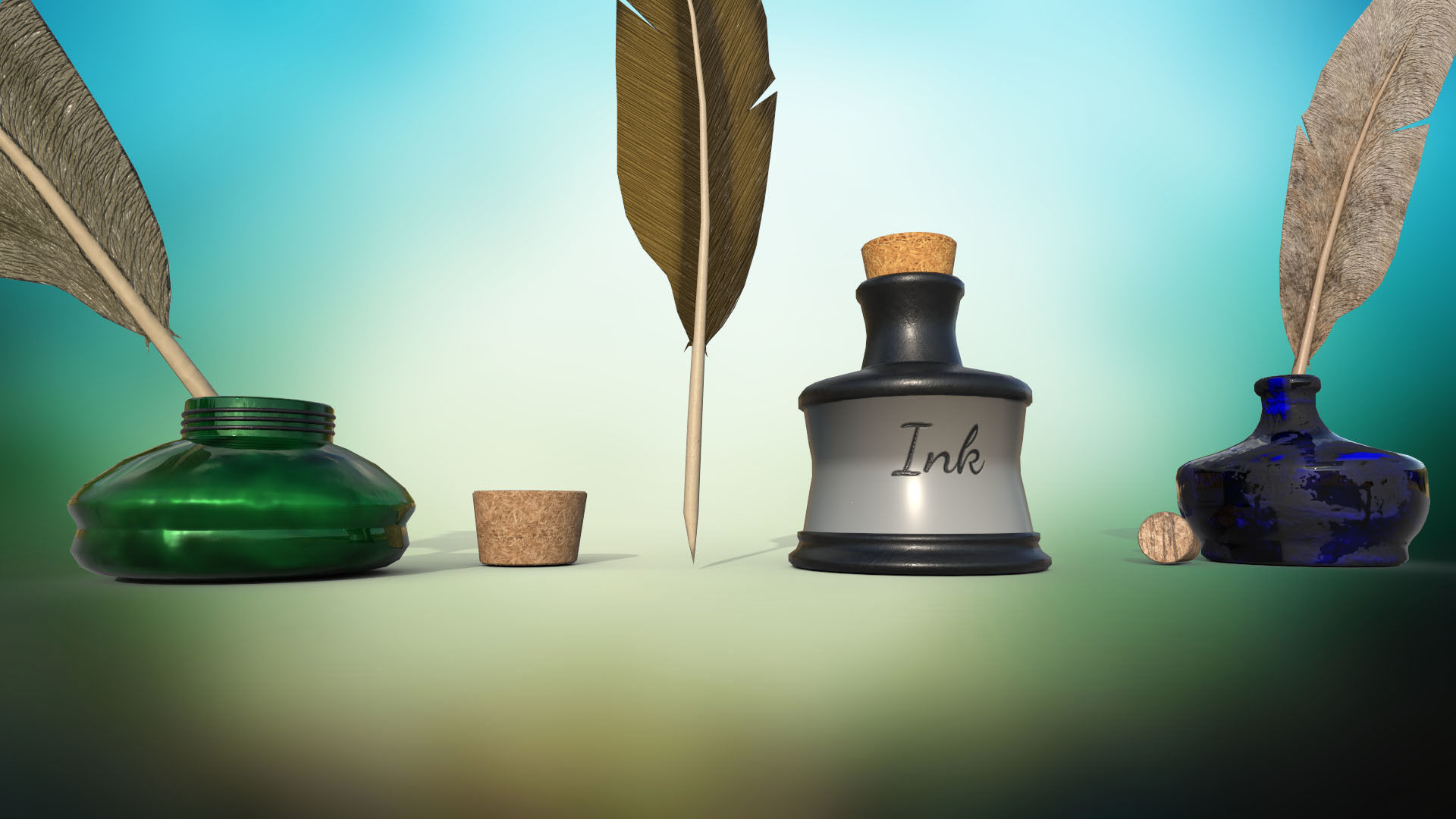 Set of ink bottles with nibs PBR low-poly game ready Low-poly 3D model_3