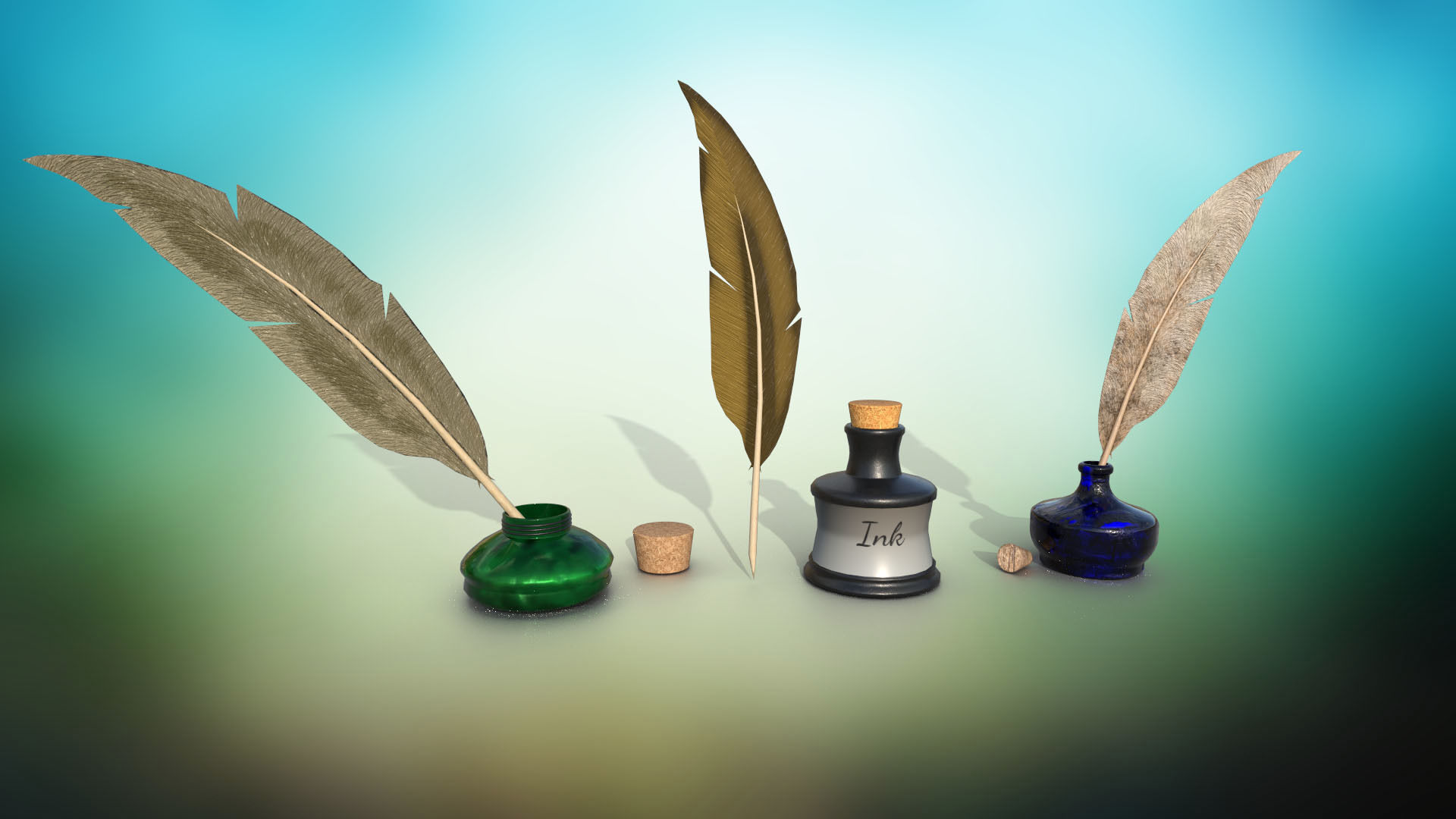 Set of ink bottles with nibs PBR low-poly game ready Low-poly 3D model_1