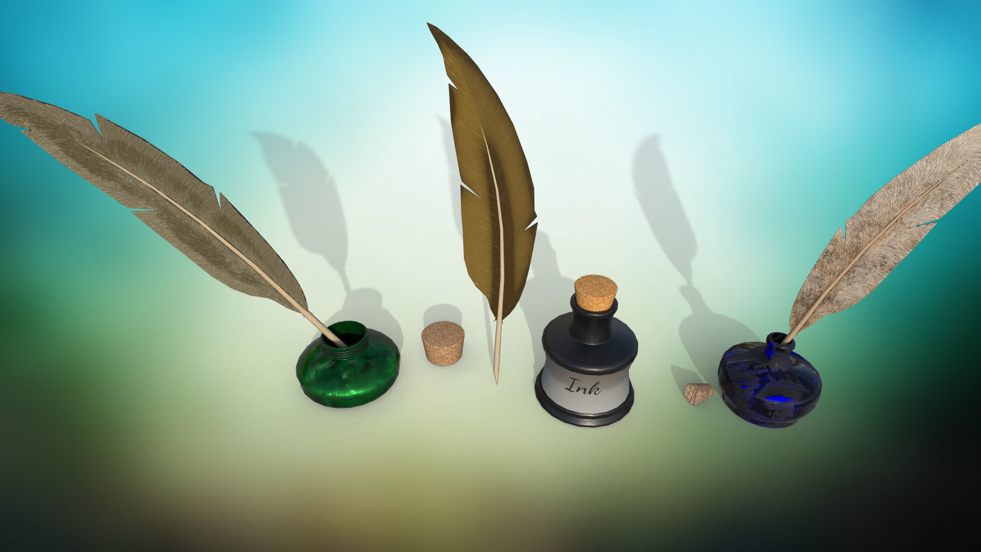 Set of ink bottles with nibs PBR low-poly game ready Low-poly 3D model_4