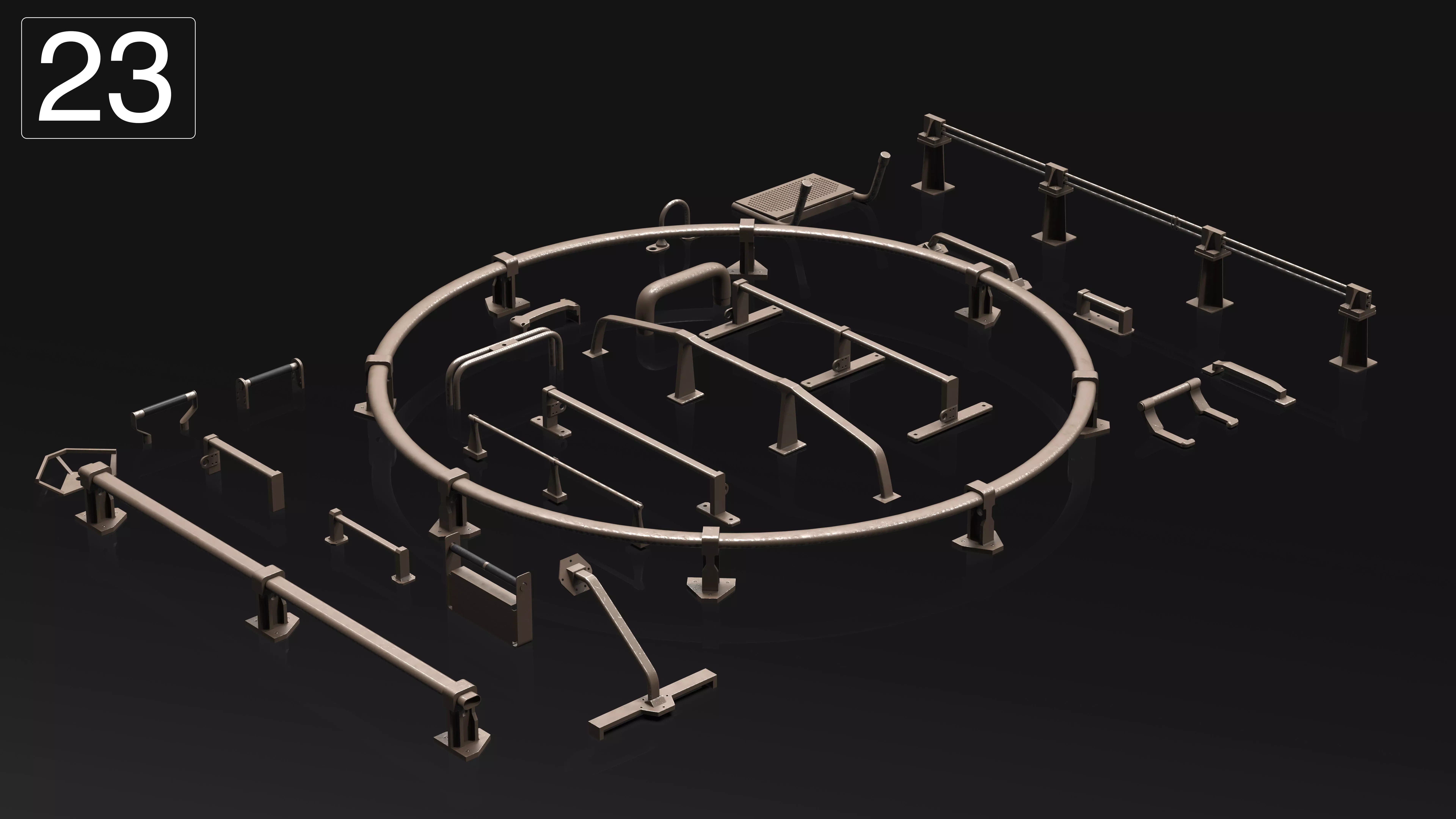 23 Hard Surface Sub-D Heavy Grip Rails and step Elements 3D model_0