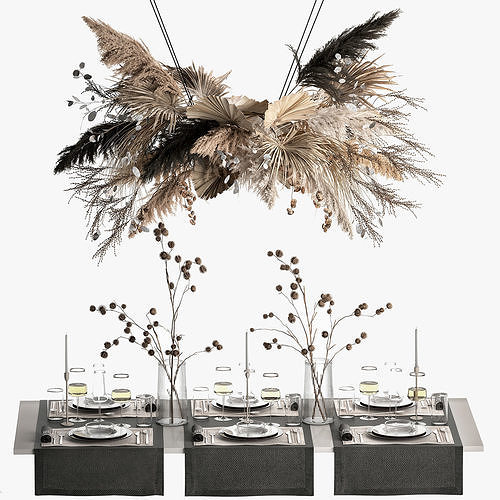 Solemn table setting in eco style from dried flowers and decor 3D model