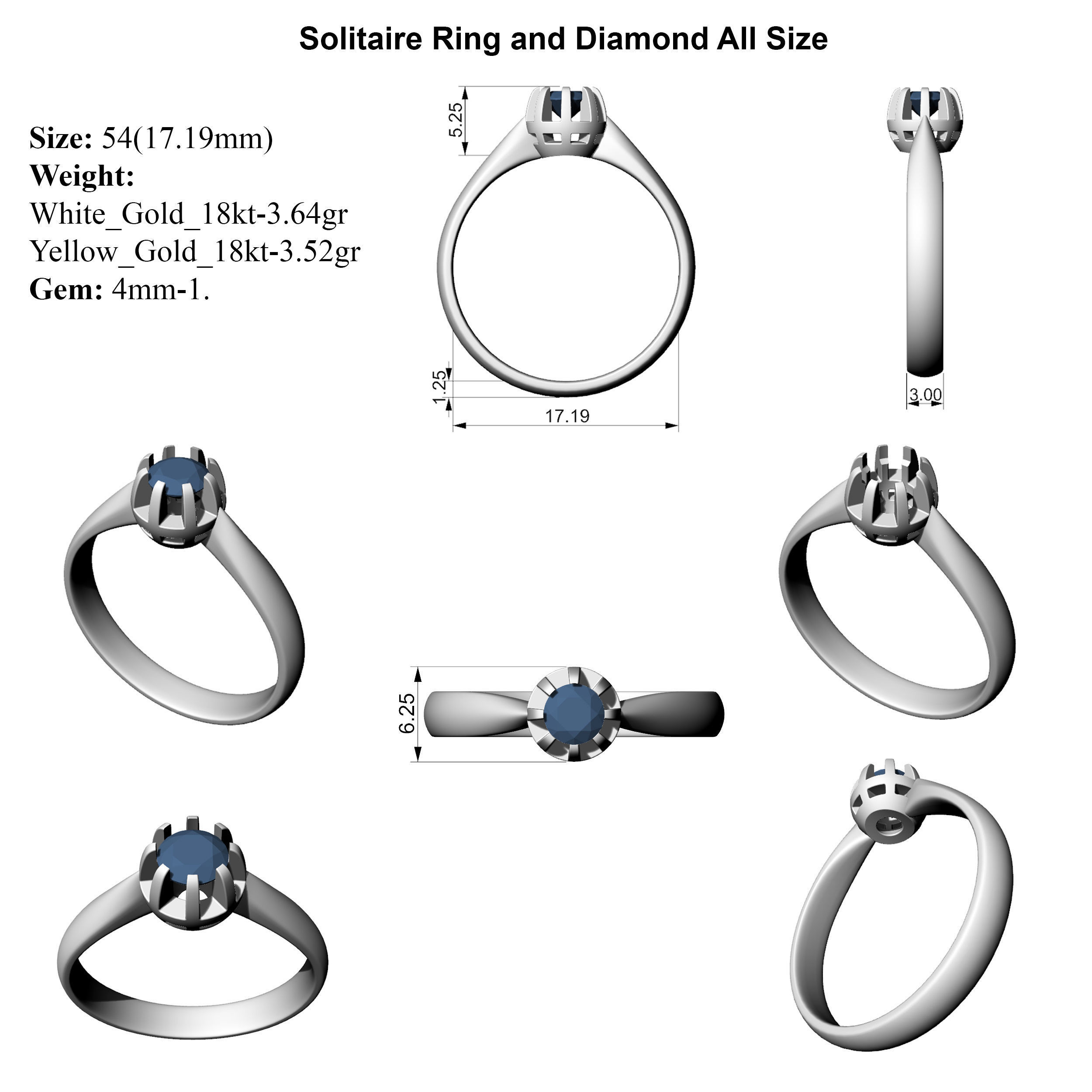 Solitaire Ring and Diamond All Size 3D print model_6