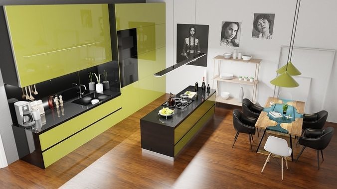 Modern Kitchen with Dining Room 3D model 2