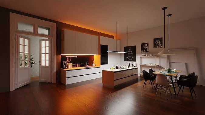 Modern Kitchen with Dining Room 3D model 5